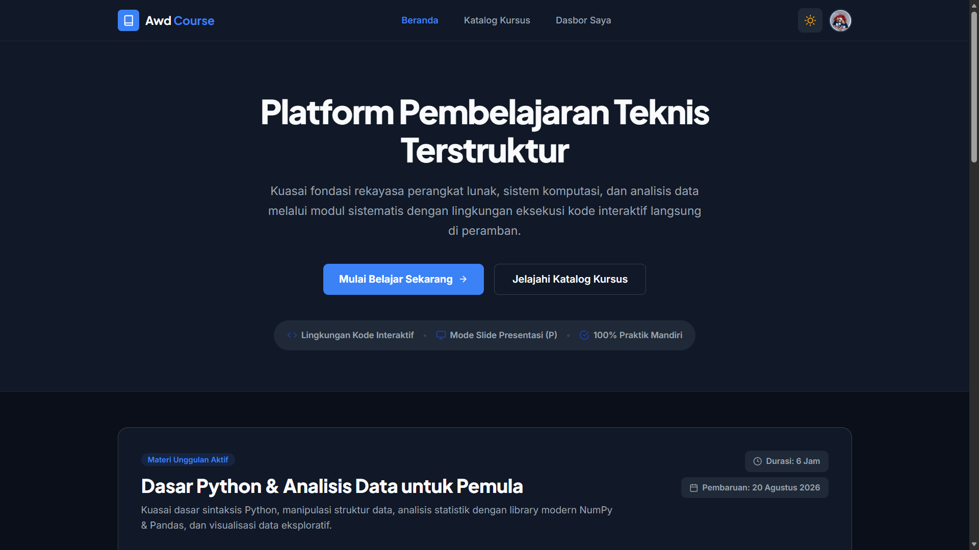 AWD Course — Platform Pembelajaran Teknis & Eksekusi Kode Interaktif